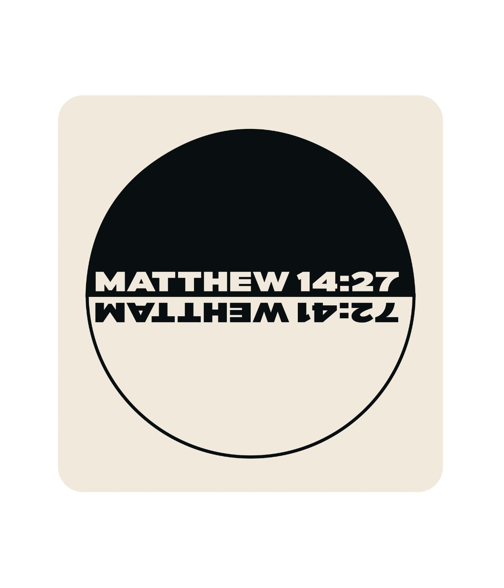 Square coaster with circular design featuring text on a white background