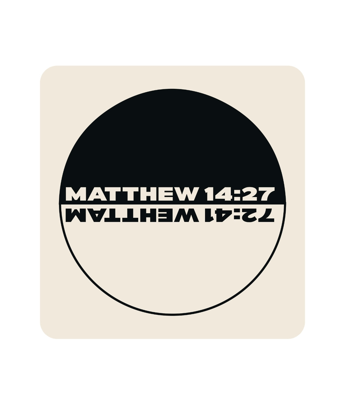 Square coaster with circular design featuring text on a white background