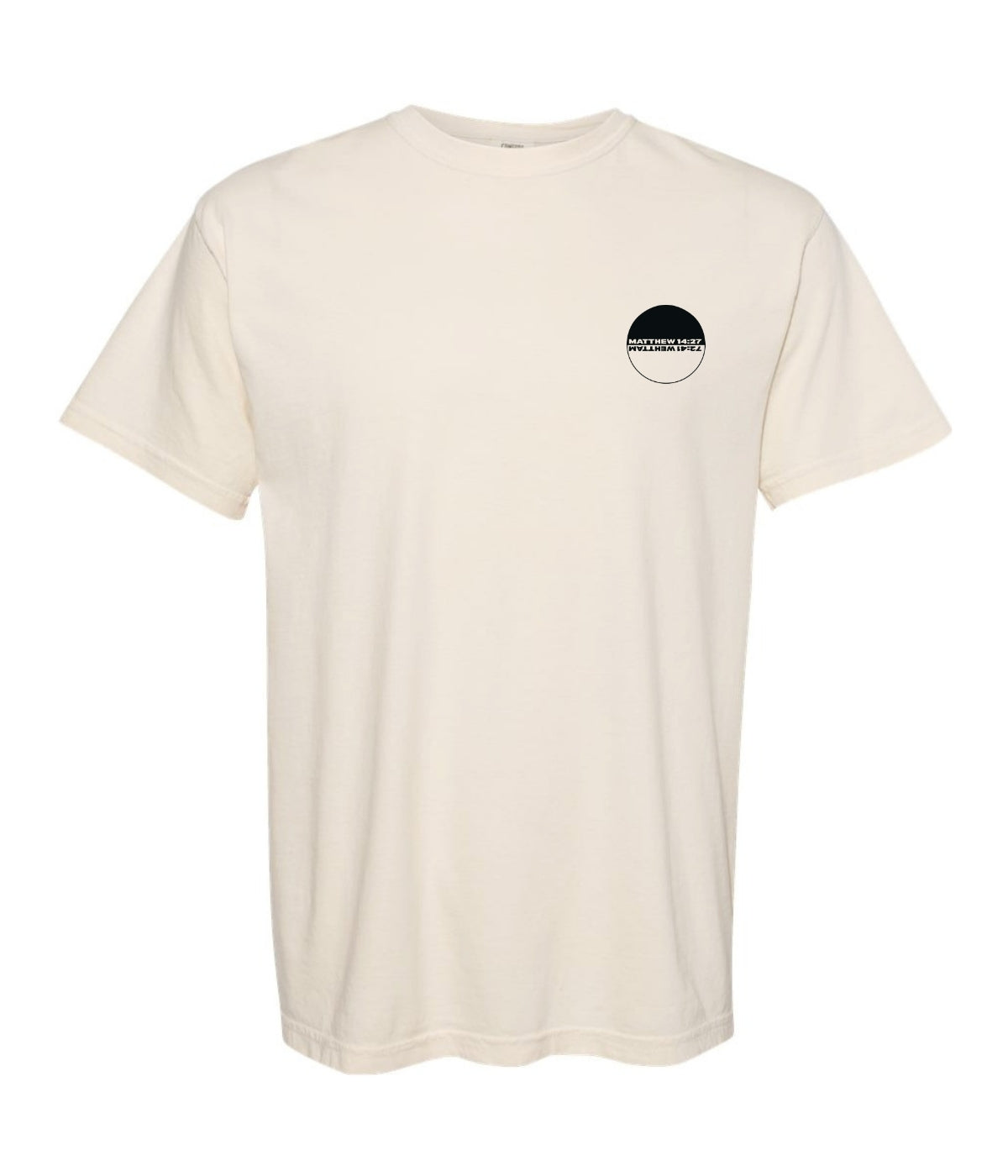 Beige t-shirt with a black logo on a white background