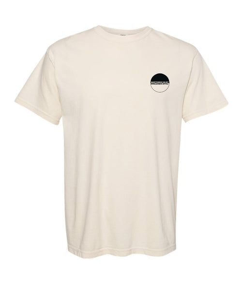 Beige t-shirt with a black logo on a white background