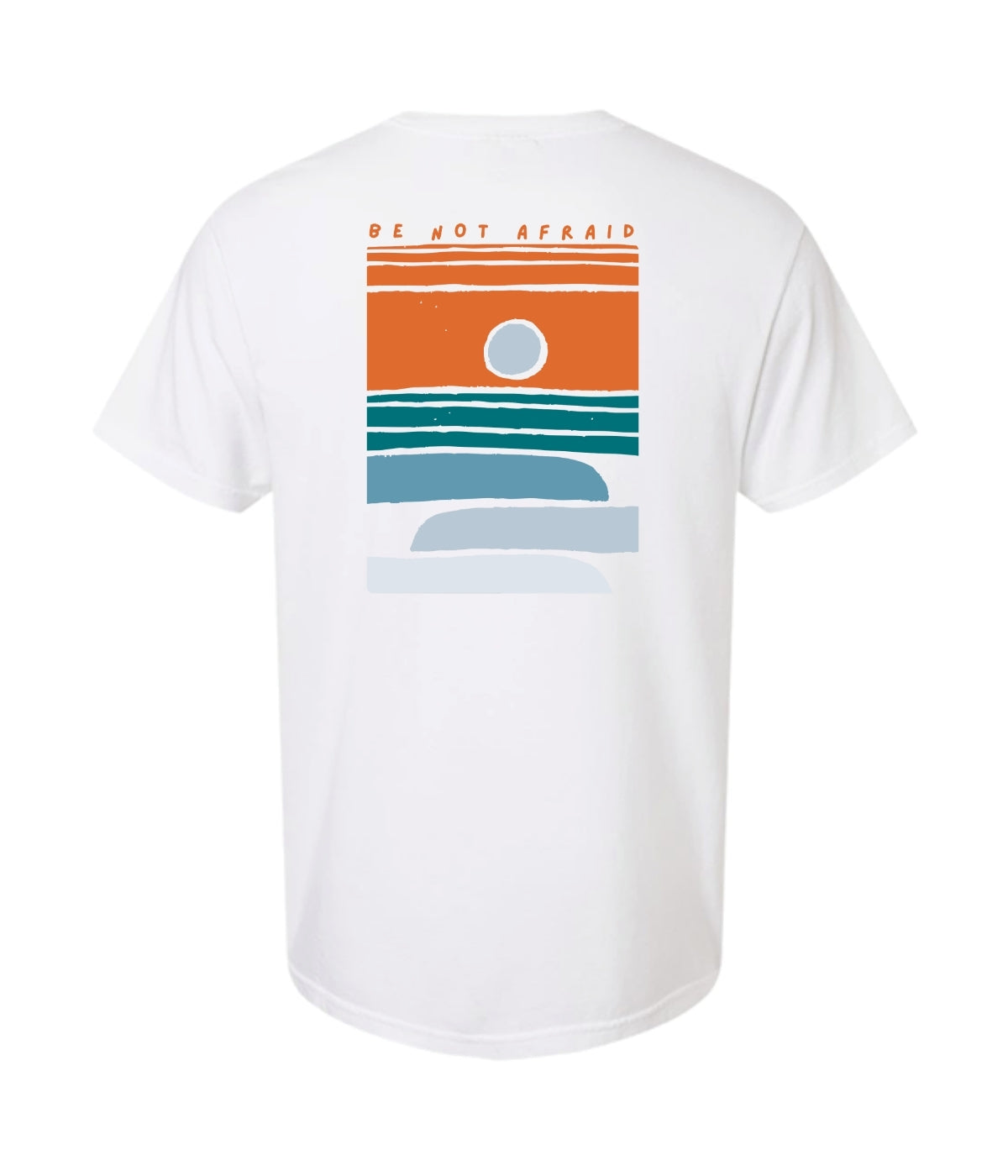 White t-shirt with a colorful graphic on the back against a white background