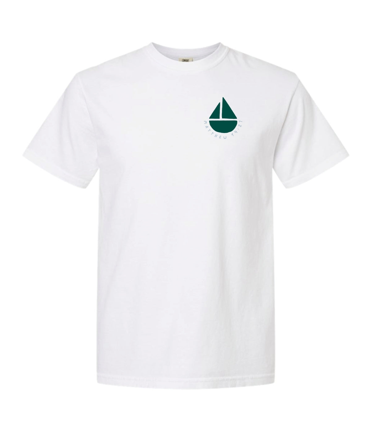 White t-shirt with a green sailboat logo on a white background